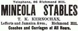 An old newspaper advertisement for the Mineola Stables in Richmond Hill, NY.