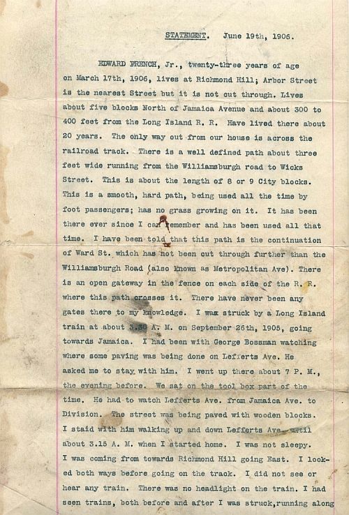 1906 Deposition of Edward French, Page 1.