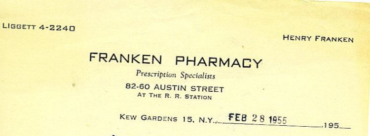 Receipt from the Franken Pharmacy, 1955, in Kew Gardens, NY.