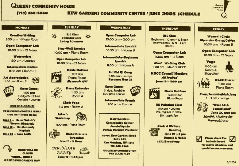 Kew Gardens Community Center Schedule (May 2008)