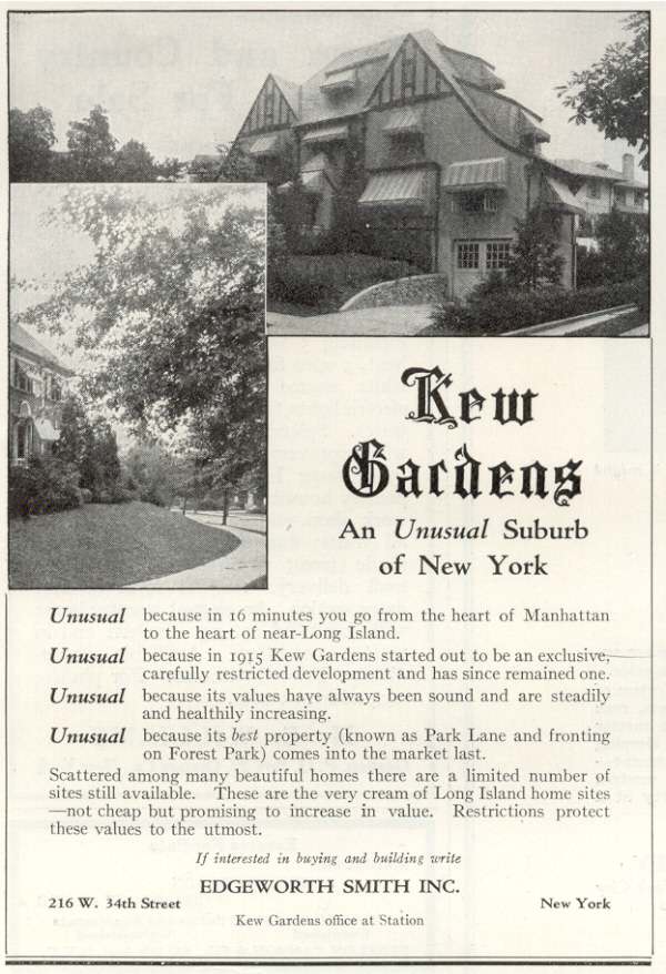From a 1924 advertisement in Country Life Magazine.  The larger picture shows a house on Abingdon Road between Lefferts and 83rd Avenues in Kew Gardens, NY.