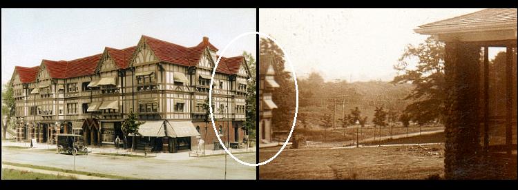 As these side by side pictures clearly show, we are looking at the Cuthbert Road entrance to the Homestead Building at the corner of Lefferts Avenue (Boulevard).  The sepia picture shows an empty Cuthbert Road and the Long Island Railroad tracks running off into the distance.  The Kew Gardens of this time was mostly open fields and patches of woodland.
