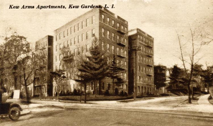 The Kew Arms Apartments, Lefferts Boulevard at Metropolitan Avenue, Kew Gardens, NY, c. 1930.