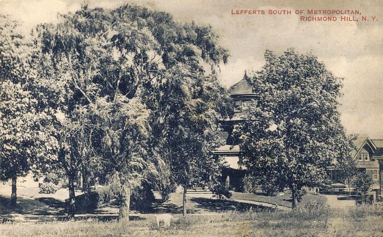 The east side of Lefferts Avenue (Boulevard) north of Division (84th) Avenue in Richmond Hill, NY.  The house with the turret seen on the last page can be glimpsed between the trees across the street.