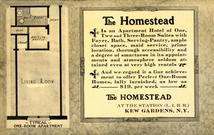 1925 promotion for the Homestead Hotel on Grenfell Street in Kew Gardens, NY.