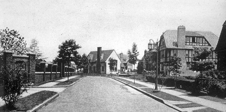 Street scene in Forest Hills Garden, Forest Hills, NY c. 1910.