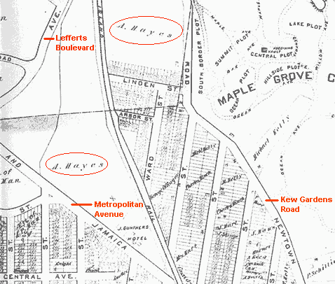 Old map showing land east of Lefferts Avenue (Boulevard) belonging to Ambrose Hayes in today's Kew Gardens, NY.