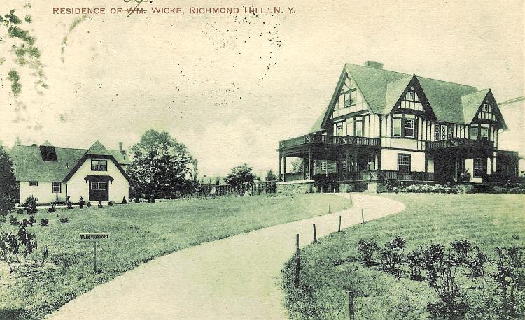 The George Wicke House on Metropolitan Avenue between Lefferts Avenue (Boulevard) and Church (118th) Street in North Richmond Hill (today's  Kew Gardens), NY. A sign instructs visitors to walk their horse.