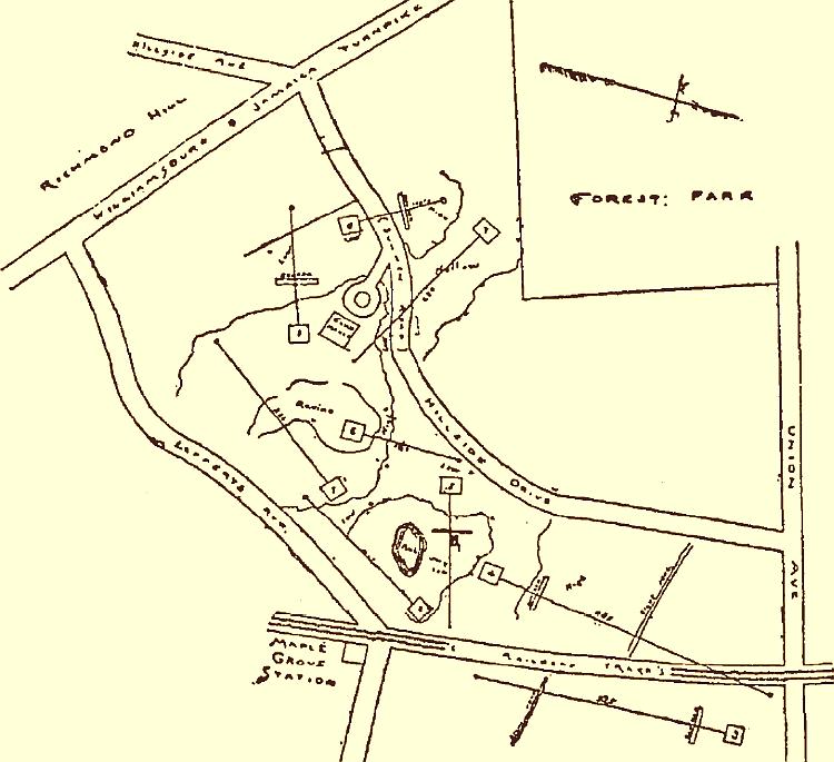 This illustration of the Richmond Hill Golf Course appeared in the original Brooklyn Eagle article. The perspective is unusual in that north to south runs, roughly, from right to left. Metropolitan Avenue (then called the Williamsburgh and Jamaica Turnpike) runs across the upper left corner while Lefferts Boulevard (then called Lefferts Avenue) runs down the left side. Kew Gardens Road would be off frame to the bottom.