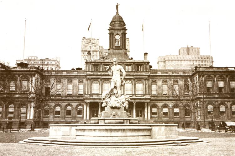 The statue of 'Civic Virtue' in front of City Hall in Manhattan 1928.